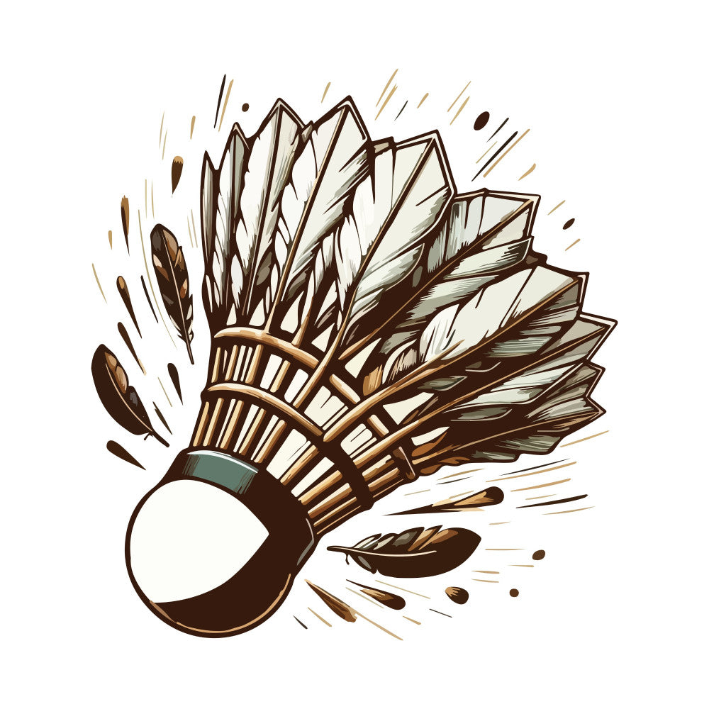 badminton, birdie, shuttlecock, feathers, brown, cream, ivory, tan, olive green, natural, sports, game, athletic, vintage, retro, rustic, hand-drawn, illustration, line art, whimsical, playful, nature-inspired, motion, dynamic, autumn, earth tones, nostalgic, recreational, hobby