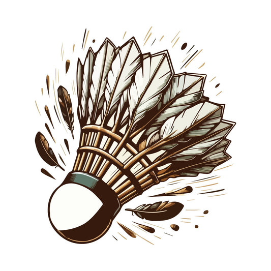 badminton, birdie, shuttlecock, feathers, brown, cream, ivory, tan, olive green, natural, sports, game, athletic, vintage, retro, rustic, hand-drawn, illustration, line art, whimsical, playful, nature-inspired, motion, dynamic, autumn, earth tones, nostalgic, recreational, hobby