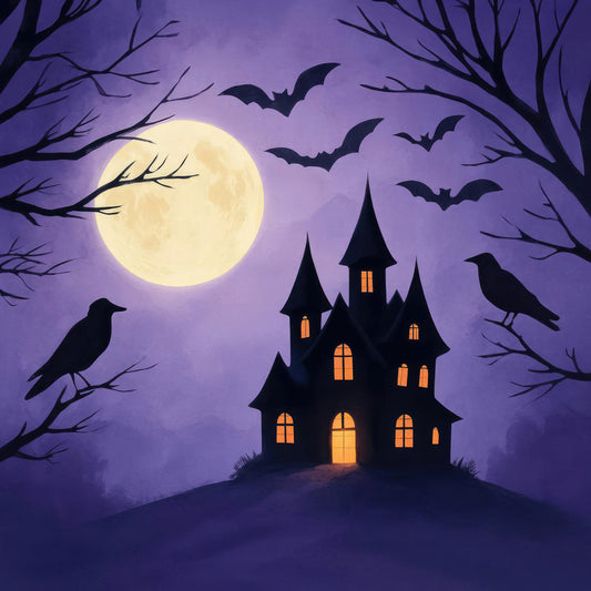 purple, orange, black, cream, pale yellow, halloween, spooky, haunted house, bats, crows, ravens, full moon, gothic, whimsical, eerie, dark purple, bare branches, autumn, fall, horror, witchy, magical, celestial, moonlit, mysterious, dark theme, holiday, decorative, atmospheric