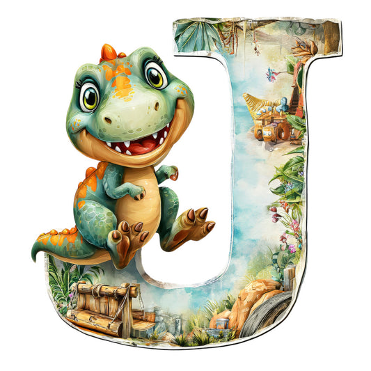 dinosaur, letter j, green, orange, turquoise, tropical, jungle scene, cartoon style, friendly dinosaur, fabric panel, quilting cotton, prehistoric theme, adventure scene, bright colors, children's fabric, playful design, treasure chest, palm trees, whimsical illustration