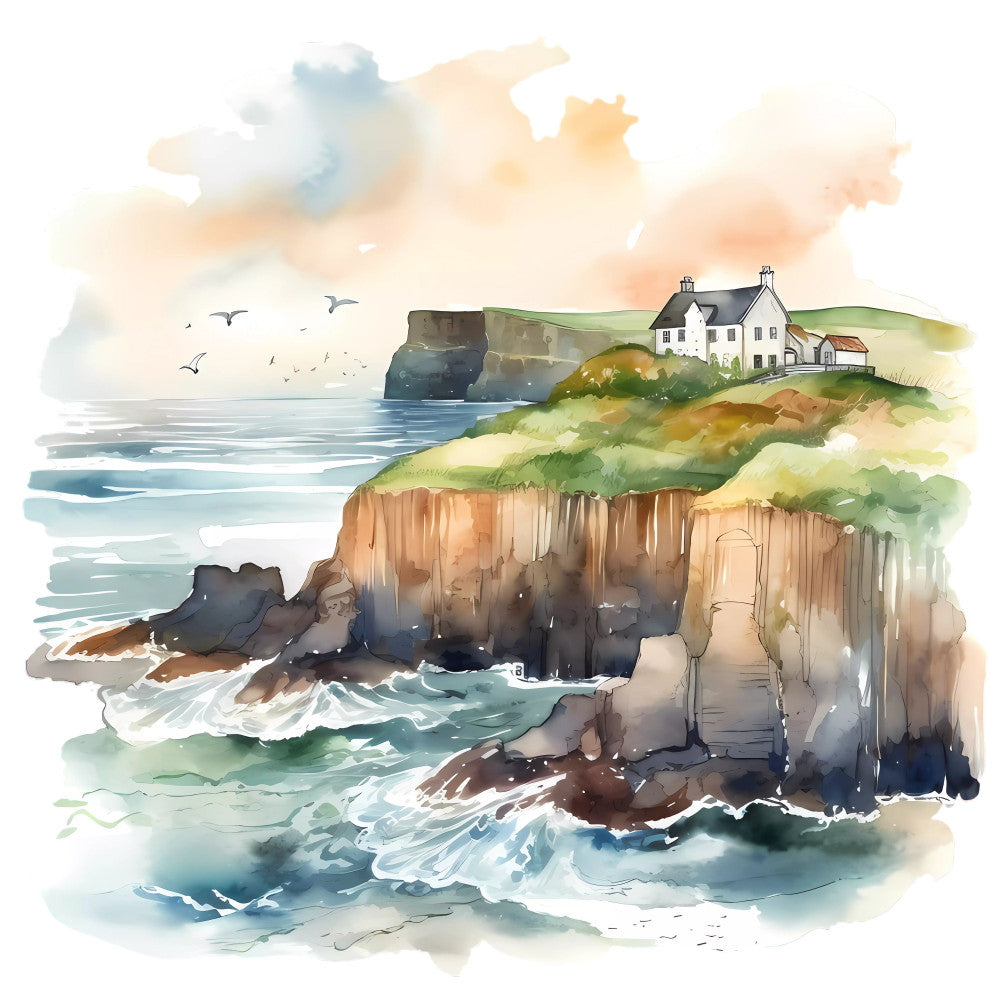 coastal landscape, seaside cliffs, cottage by the sea, watercolor style, ocean waves, whitewashed house, Scottish highlands, Irish countryside, coastal home, seabirds, flying birds, basalt columns, rocky cliffs, green hillside, pastoral scenery, rustic farmhouse, traditional style, peaceful landscape, nature scene, cream white, sage green, ocean blue, charcoal gray, warm beige, soft watercolor, landscape panel, home décor, wall hanging, artistic print, vintage inspired