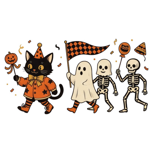 halloween, orange, black, cream, white, skeleton, ghost, cat, jack-o-lantern, party hat, festive, holiday, autumn, fall, trick-or-treat, spooky, playful, whimsical, children's, kid's, costume, pumpkin, bones, striped, diamond pattern, cheerful, fun, seasonal, decorative, costume party