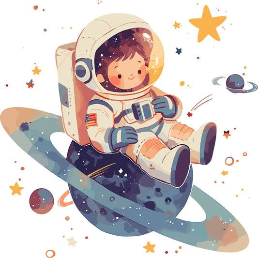 astronaut, space, celestial, stars, planets, whimsical, children, kids, cute, adventure, exploration, cream, beige, navy blue, coral, orange, gold, rust red, modern, playful, cosmic, rocket ship, child-themed, nursery, baby, cheerful, illustrated, character, galaxy
