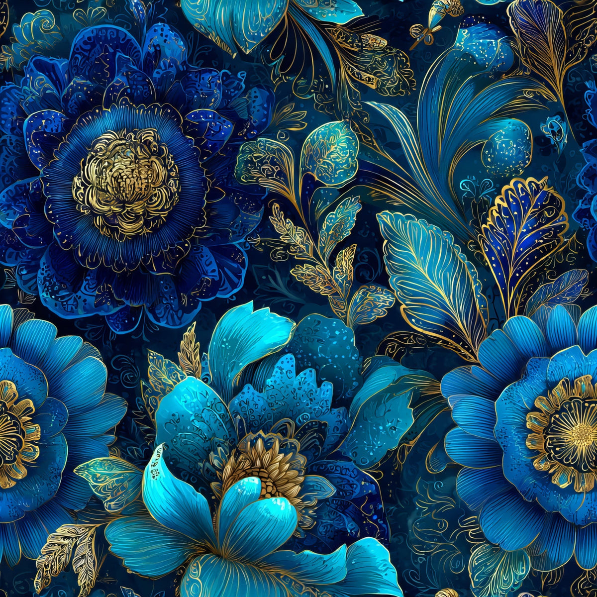 Gilded Sapphire Blooms Pattern 2 Minky Fabric