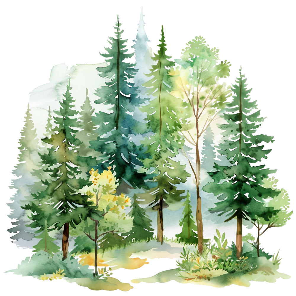 watercolor painting, forest scene, evergreen trees, pine trees, deciduous trees, green foliage, summer landscape, nature illustration, soft brushstrokes, pale blue sky, yellow accents, brown tree trunks, fabric panel, quilting cotton, botanical design, woodland scene, peaceful mood, artistic style, natural colors, tree cluster
