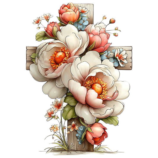 floral cross, fabric panel, peach flowers, coral blooms, cream petals, orange centers, blue accents, green leaves, wooden cross, watercolor style, botanical illustration, religious motif, spring flowers, peonies, delicate florals, quilting cotton, soft pastels, artistic rendering, faith themed, garden flowers