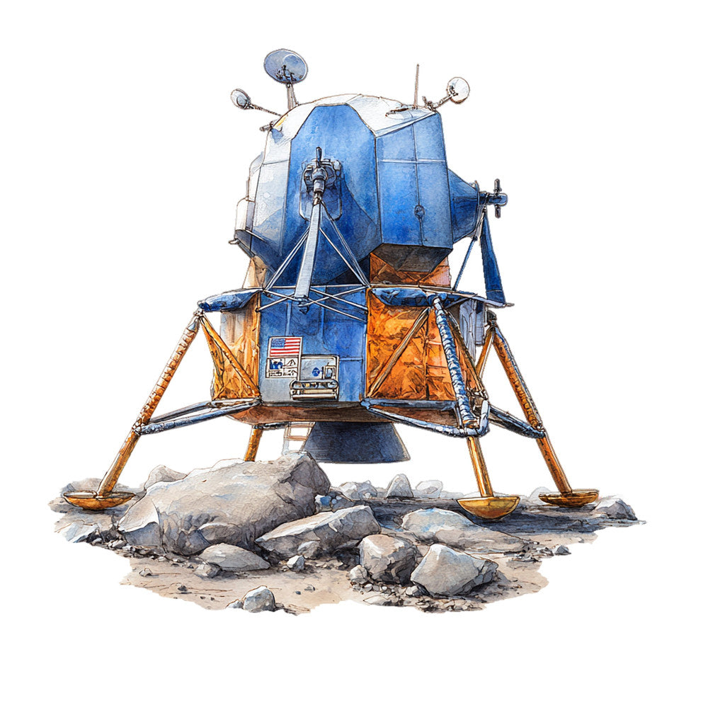 lunar module, moon landing, space exploration, nasa, astronaut, vintage space, retro space, blue and gold, metallic gold, bright blue, silver gray, educational, stem, science, space shuttle, lander, spacecraft, space age, mid-century modern, retro futuristic, technical, geometric, industrial, educational theme, child friendly, boy themed, adventure, exploration themed, wall art
