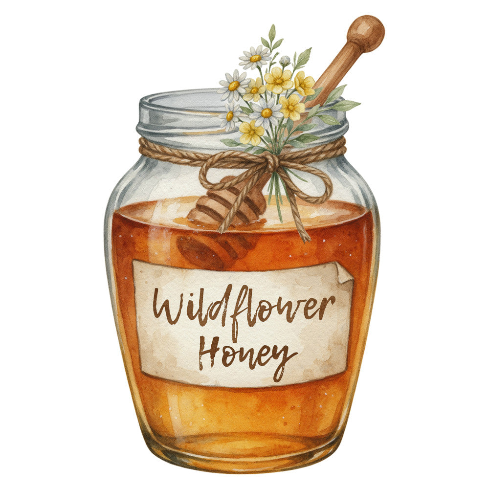 wildflower honey, honey jar, daisy, white daisy, yellow flower, rustic, farmhouse, vintage, nature, botanical, beige, cream, golden yellow, amber, twine bow, wooden spoon, cottage core, country, spring, summer, natural, organic, food, kitchen, apiary, bee, decorative jar, whimsical, charming, hand lettered label
