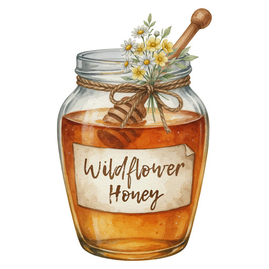 wildflower honey, honey jar, daisy, white daisy, yellow flower, rustic, farmhouse, vintage, nature, botanical, beige, cream, golden yellow, amber, twine bow, wooden spoon, cottage core, country, spring, summer, natural, organic, food, kitchen, apiary, bee, decorative jar, whimsical, charming, hand lettered label
