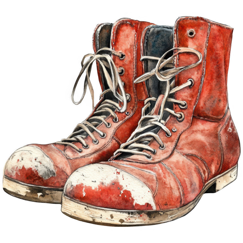 red boots, vintage boots, work boots, rust red, cream white, distressed leather, worn boots, industrial style, steampunk, vintage fashion, retro footwear, labor boots, work wear, rustic style, utility boots, grunge aesthetic, vintage clothing, shabby chic, americana, heritage boots, lace-up boots, leather texture, weathered design, nostalgic theme, workwear aesthetic, vintage footwear panel, decorative boots, fashion illustration, heritage style