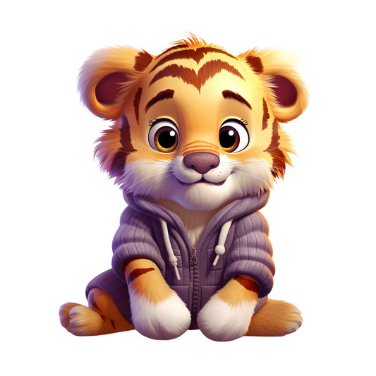 lion cub, purple hoodie, golden fur, orange stripes, cute animal, cartoon style, fabric panel, quilting cotton, children's fabric, pajama theme, sitting pose, big eyes, white chest, brown nose, playful design, nursery fabric, animal character, soft colors, whimsical art