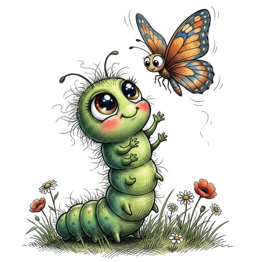 lime green, orange, coral pink, golden yellow, sage green, whimsical, caterpillar, butterfly, insects, nature, garden, flowers, daisy, poppy, children's, playful, cute, adorable, spring, summer, baby, nursery, animals, charming, delightful, illustration style, storybook, friendly creatures, meadow, wildflowers