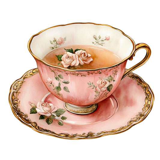 rose pink, dusty rose, coral pink, cream, gold, floral, roses, vintage, elegant, traditional, botanical, teacup, tea party, spring, romantic, shabby chic, garden, nature, blush pink, ornate, decorative, botanical print, cottage style, feminine, classic, peach rose, green leaves, scrollwork border