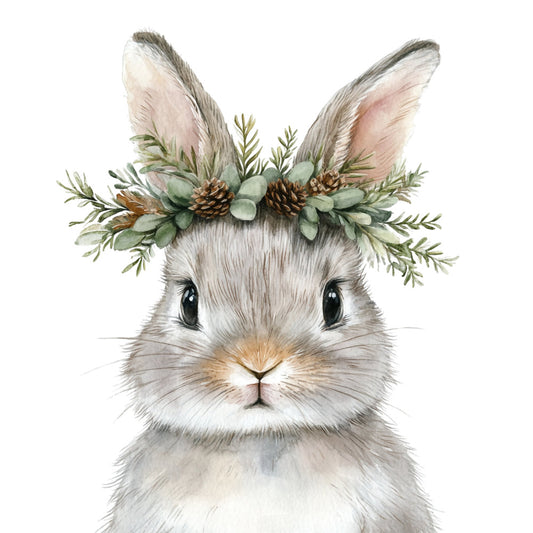 bunny, rabbit, woodland animals, forest green, sage green, cream, white, soft pink, blush pink, tan, brown, natural tones, floral, botanical, pine cones, evergreen branches, nature, whimsical, woodland, rustic, farmhouse, spring, easter, animal portrait, cute, gentle, nursery, baby, children's, decorative panel