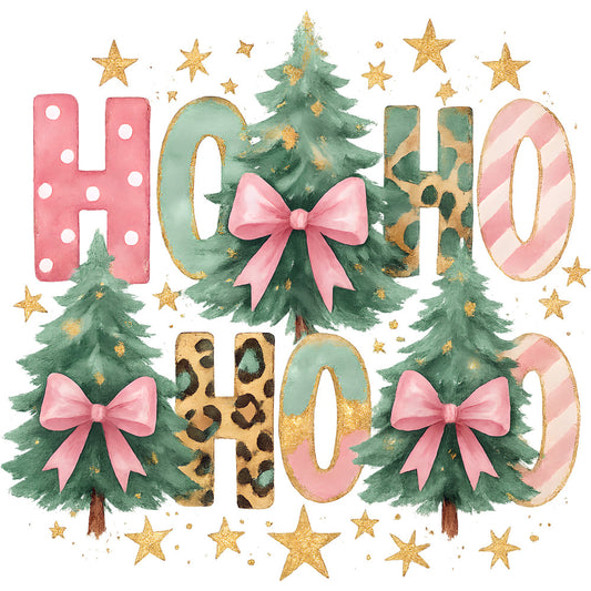 pink, coral, sage green, gold, leopard print, candy cane stripes, christmas trees, pink bows, gold stars, polka dots, watercolor style, festive, holiday theme, fabric panel, quilting cotton, winter decor, tree ornaments, whimsical, pastel christmas, crafting material