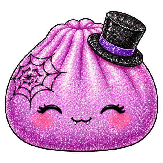 magenta, hot pink, purple, black, glitter, sparkle, shiny, whimsical, cute, kawaii, ghost, spiderweb, halloween, creepy cute, festive, playful, spooky, character, face, feminine, girly, dress-up, costume, party, celebration, magic, enchanted, goth, gothic, sparkly