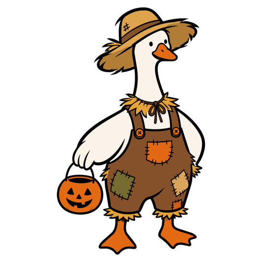 halloween, fall, autumn, orange, cream, brown, tan, duck, goose, waterfowl, scarecrow, straw hat, pumpkin, jack-o-lantern, overalls, patches, rustic, whimsical, farmhouse, country, seasonal, harvest, trick-or-treat, costume, novelty, children's, kids, festive, spooky