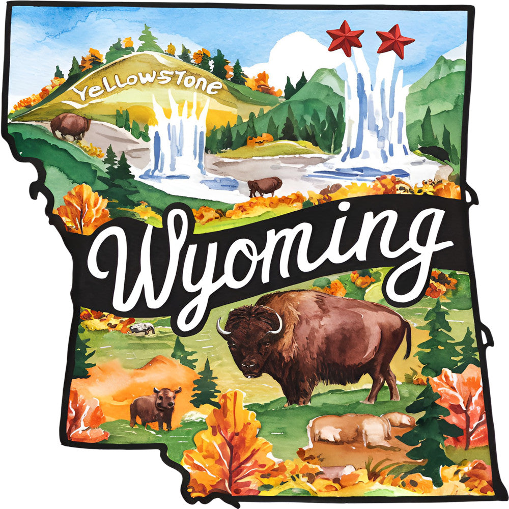 Classic US States Fabric Panel 27 featuring Wyoming with Yellowstone, bison, and scenic autumn landscape printed on premium quilting cotton.