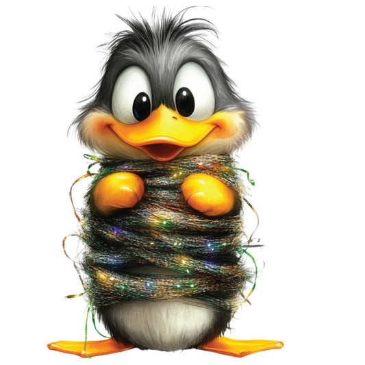 whimsical duck, cartoon duck, fuzzy duckling, tangled yarn, craft supplies, yellow beak, orange feet, gray feathers, colorful threads, quilting panel, cotton fabric, adorable animal, playful character, cute bird, craft theme, sewing motif, children's fabric, nursery panel, bright colors, fabric art
