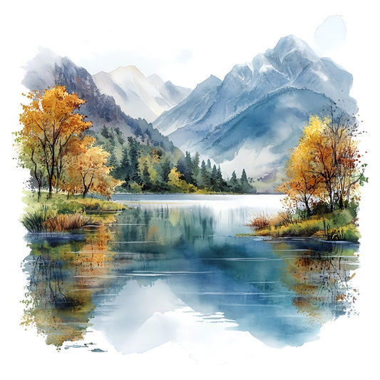 mountain landscape, autumn trees, golden yellow, sky blue, forest green, cream white, misty blue, watercolor, nature scene, lake reflection, snowy peaks, alpine scenery, fall foliage, evergreen trees, peaceful landscape, scenic beauty, rustic, elegant, tranquil, natural tones, muted colors, artistic, landscape painting, wall hanging, home decor, autumn season, transitional style, detailed scenery