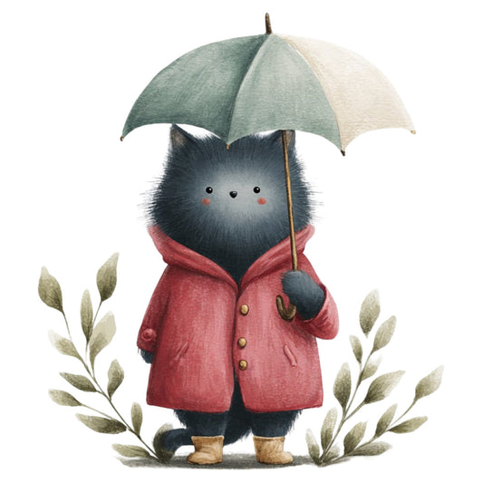 cute cat, black cat, cat illustration, whimsical, children's, nursery, baby, rain theme, umbrella, rainy day, dusty rose, coral pink, forest green, sage green, cream, charming, storybook, adorable, animal character, botanical, leaves, nature, cozy, gentle, soft colors, weather, kids apparel, wall hanging, decorative, illustration art