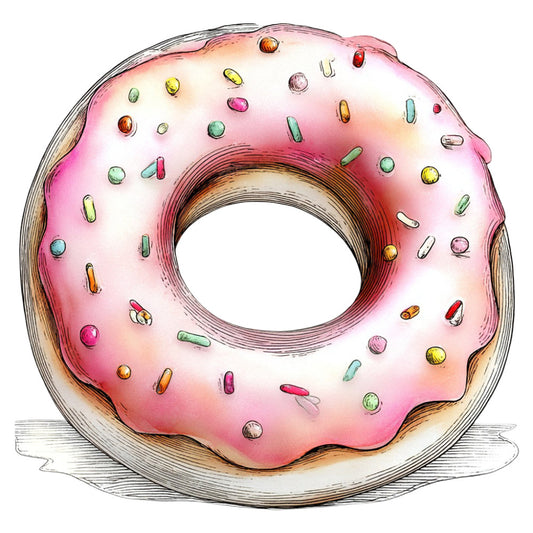 pink donut, rose pink, candy pink, pastel pink, sprinkles, colorful sprinkles, whimsical, playful, fun, food themed, bakery, dessert, sweet treats, children's, kids, bright colors, multicolored, vibrant, cheerful, novelty, cute, quirky, modern, colorful candy beads, toppers, nursery, baby, fun and games, food print