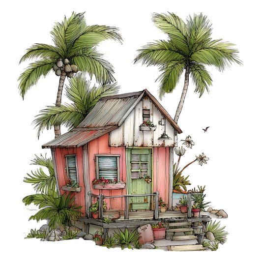 coral pink, sage green, cream, tropical, palm trees, cottage core, whimsical, rustic, nature, beach house, illustrated, storybook, architectural, buildings, potted plants, flowers, botanical, summer, coastal, adventure, travel, hand drawn, watercolor style, vintage inspired, countryside, small house, cozy, window treatment, home decor, wall hanging