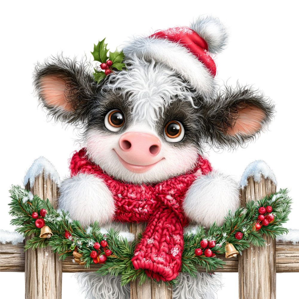 christmas, holiday, cow, cattle, festive, red, white, black, pink nose, santa hat, whimsical, cute, animal, winter, farm animal, rustic, wooden fence, holly, berries, gold bells, snow, cheerful, playful, children's, baby, farmhouse, cozy, seasonal, decorative panel, wall hanging