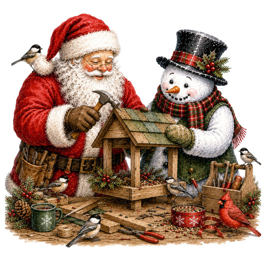 santa, snowman, christmas, holiday, winter, red, cream, black, forest green, plaid, tartan, birds, cardinals, chickadees, rustic, vintage, whimsical, festive, traditional, nature, animals, birdhouse, tools, hammer, cozy, seasonal, decorative, charming, cottage style, winter scene
