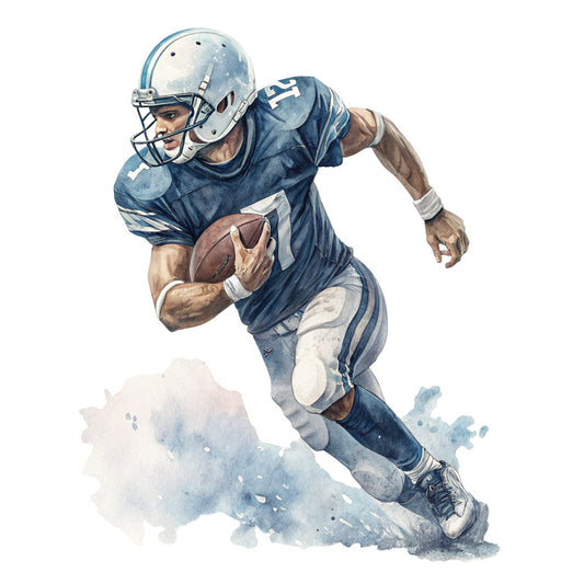 navy blue, light blue, cream, white, tan, bronze, sports, football, athletic, player, american football, watercolor, illustration, artistic, vintage sports, retro, masculine, dynamic action, sports fan, football enthusiast, team colors, memorabilia, hobby, recreation, men's, boy's, wall hanging, home decor
