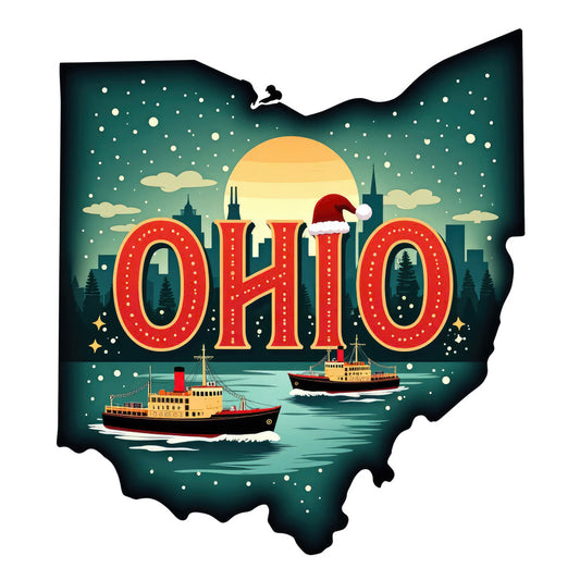Christmas US States Fabric Panel 16 featuring Ohio with festive holiday ships and Santa hat, printed on premium quilting cotton.