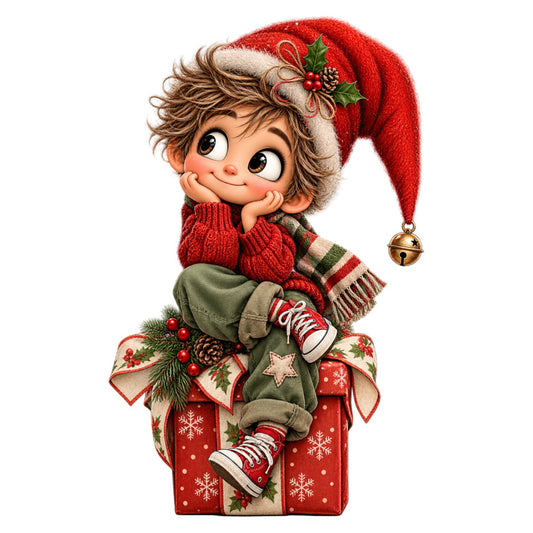 christmas, holiday, whimsical, red, green, cream, gold, child, boy, elf, santa hat, festive, vintage, retro, jingle bell, candy cane striped, gift box, pine cone, holly, star motif, playful, cheerful, winter, seasonal, cute character, decorative, traditional christmas, red and green
