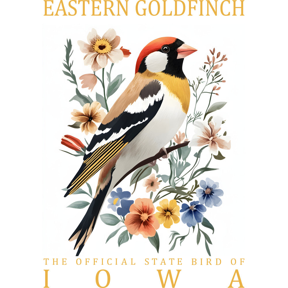 eastern goldfinch, iowa state bird, bird illustration, floral design, orange beak, black markings, yellow plumage, white belly, botanical elements, wildflowers, pastel blooms, nature scene, fabric panel, quilting cotton, watercolor style, spring theme, prairie flowers, delicate artwork, soft palette, ornithology design
