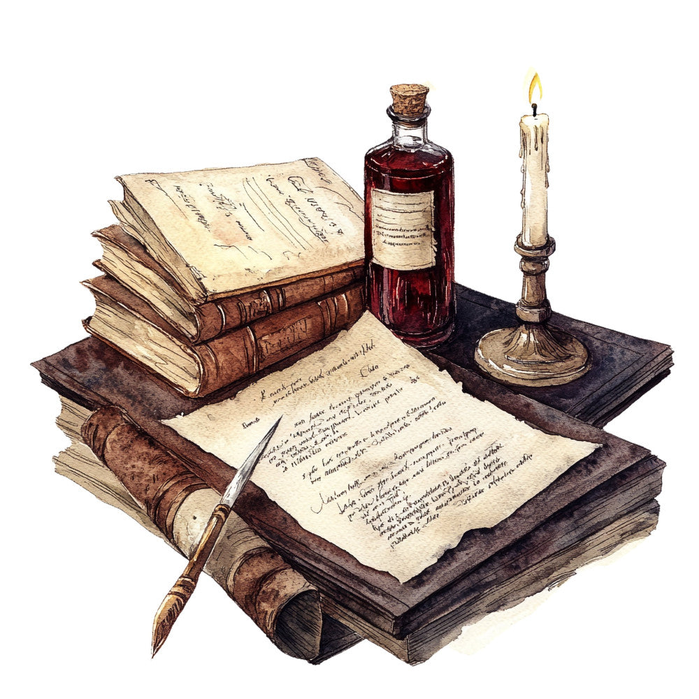 vintage, antique, cream, brown, burgundy, red, gold, literary, books, writing, manuscript, quill pen, candlelight, candle, ink bottle, nostalgic, steampunk, gothic, elegant, traditional, classic, historic, scholarly, study, library, old world, parchment, handwritten, brass, dark academia