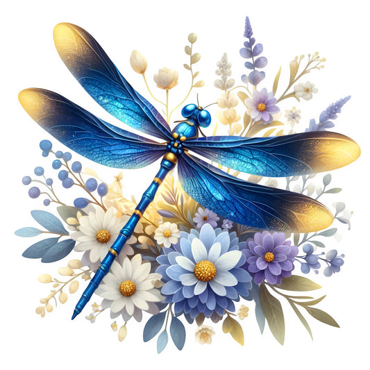dragonfly, blue and gold, navy blue, lavender, cream, white flowers, floral, nature, botanical, elegant, whimsical, daisies, delicate flowers, purple flowers, gold accents, metallic, spring, summer, garden, insects, iridescent wings, pastel colors, soft colors, vintage botanical, romantic, ethereal, decorative panel, wall art, home decor, peaceful