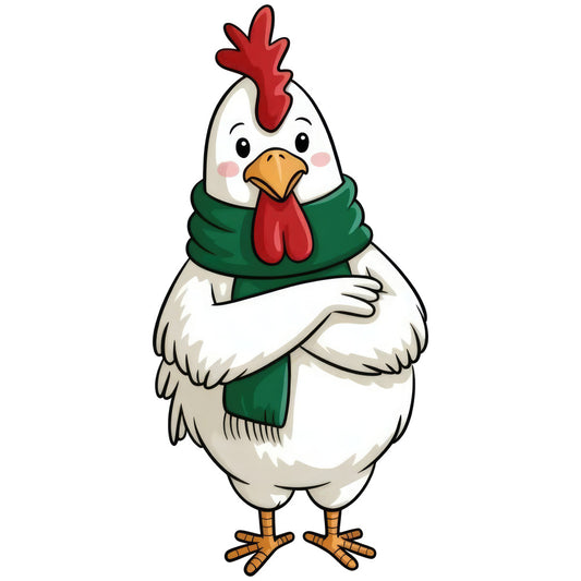 chicken, rooster, farmhouse, holiday, christmas, winter, cozy, cream white, red, forest green, gold orange, cute, whimsical, kawaii, animal, poultry, festive, seasonal, decorative, children's, baby, rustic, traditional, vintage, scarf, sweater weather, warm tones, illustration style, cartoon, cheerful
