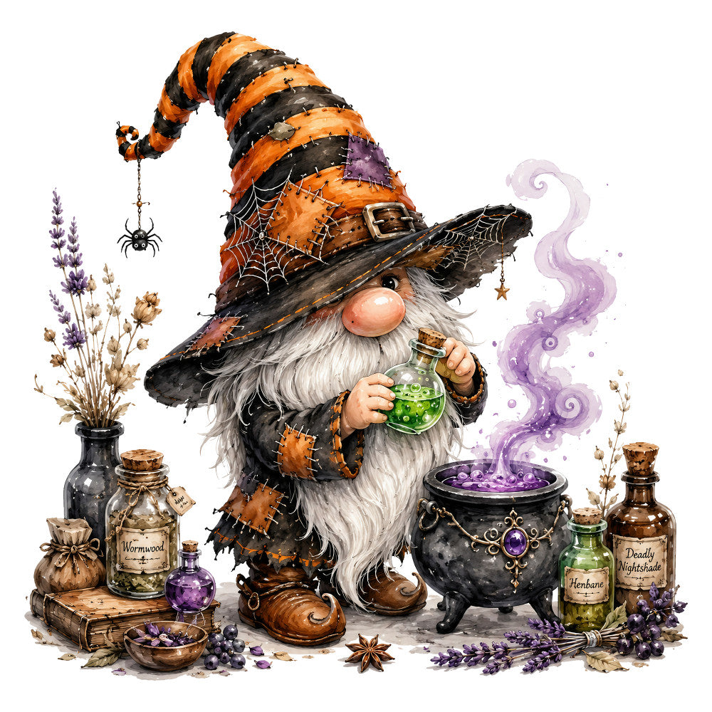 halloween witch, orange and black, purple, witchy, gnome, potion bottles, cauldron, spiderweb, spider, magical, whimsical, autumn, fall, holiday, dark purple, burnt orange, mystical, enchanted, vintage potion, herbs, lavender, nature elements, rustic magical, folkloric, fairy tale, seasonal, festive, cottage core, spell book aesthetic