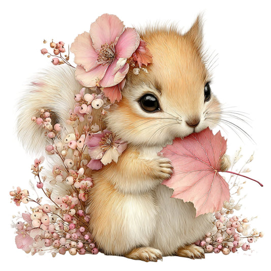 cute animal, fluffy bunny, woodland creature, spring flowers, pastel pink, blush pink, cream, soft gold, delicate florals, pink leaves, botanical, whimsical, nature themed, baby quilt, nursery, children's fabric, elegant, soft and gentle, dried flowers, berry motifs, autumn leaves, spring season, adorable, sweet, decorative panel, wall hanging, baby animals, romantic style, cottage core