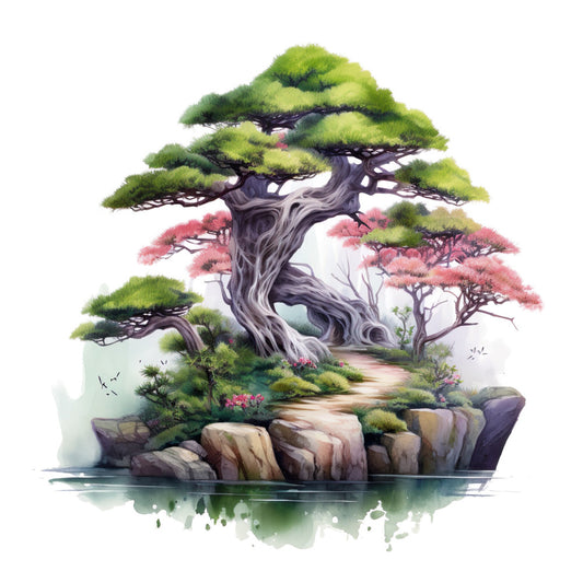 watercolor bonsai, twisted trunk, green foliage, pink blossoms, rocky landscape, serene garden, asian inspired, nature scene, tranquil setting, fabric panel, quilting cotton, zen garden, miniature landscape, artistic illustration, soft pastels, botanical design, peaceful atmosphere, japanese style, decorative panel, craft fabric