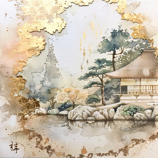 cream, beige, sage green, gold accents, watercolor style, japanese garden, pagoda building, pine trees, rocks, pond water, asian architecture, botanical elements, fabric panel, quilting cotton, serene landscape, neutral tones, nature scene, oriental design, peaceful mood, rice paper texture