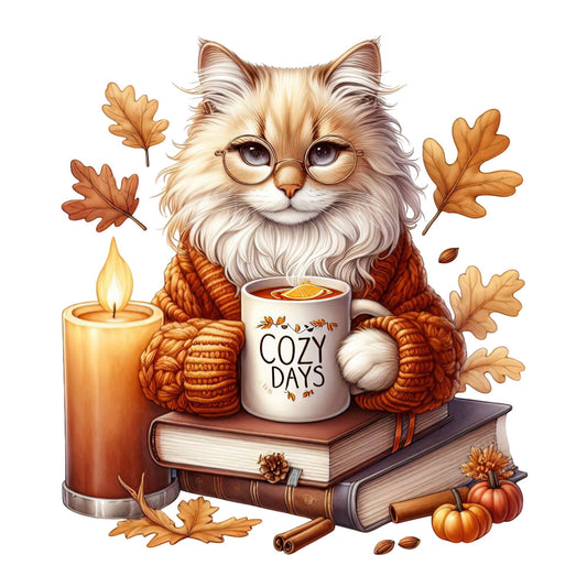 autumn, fall, cozy, cat, kitten, fluffy, glasses, warm tones, burnt orange, cream, tan, brown, gold, cinnamon, rustic, whimsical, charming, books, reading, candle, leaves, oak leaves, pumpkins, cinnamon sticks, hygge, seasonal, thanksgiving, october, november, literary