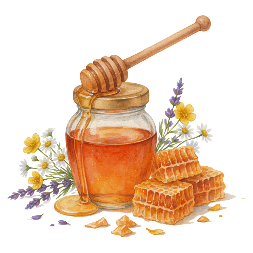 honey, bees, jar, honeycomb, floral, lavender, daisy, yellow flowers, purple flowers, botanical, nature, rustic, farmhouse, vintage, warm tones, golden yellow, lavender purple, amber, cottage core, spring, summer, sweet, natural, garden, wildflowers, beekeeping, apiary, decorative, home decor, wall hanging