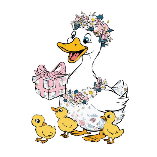 duck fabric, goose theme, baby animals, floral print, rose flowers, daisy flowers, pink bow, yellow ducklings, white goose, whimsical style, spring theme, baby quilt, nursery decor, farmhouse style, cottage core, gifts with bows, pastel colors, soft pink, pale yellow, navy blue accents, child-friendly, storybook style, vintage inspired, easter theme, springtime, sweet and cheerful, decorative panel, apparel fabric, home decor