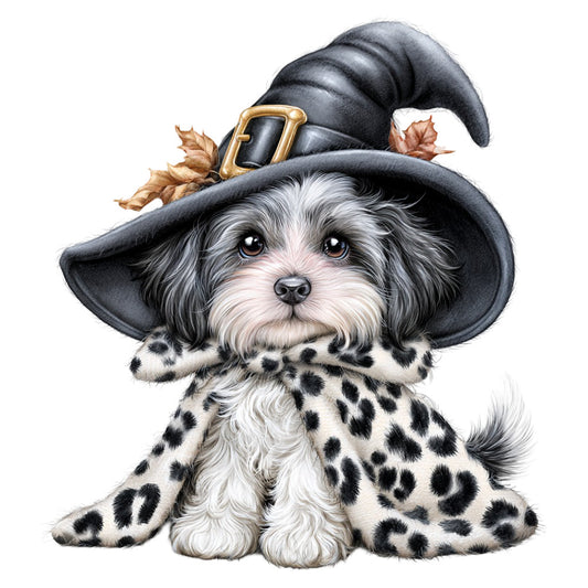 cute dog, witch hat, black and white, spotted pattern, leopard spots, animal theme, whimsical, children's, autumn, fall leaves, gold buckle, playful, puppy, halloween, novelty print, character fabric, decorative panel, charcoal gray, cream, festive, seasonal, kids fabric, dog lover, pet themed, adorable animals, folkloric, storybook style, folk art