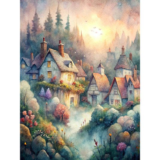 watercolor style, fantasy village, cottage homes, misty atmosphere, evergreen trees, warm golden light, purple hues, soft pastels, whimsical architecture, fabric panel, quilting cotton, fairy tale scene, mountain backdrop, glowing windows, enchanted landscape, dreamy illustration, soft blues, peachy tones, storybook village, magical setting