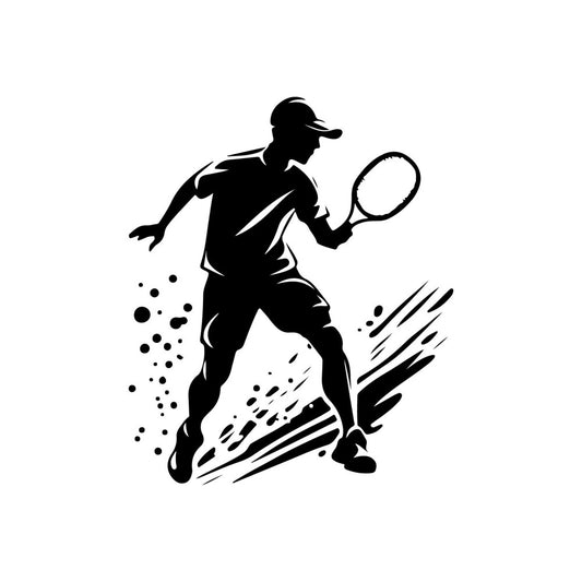 tennis player, sports, athletic, silhouette, black and white, monochrome, action, movement, dynamic, modern, minimalist, geometric, line art, racket, ball, active lifestyle, fitness, game, court sport, trending, contemporary, bold, striking, high contrast, unisex, performance wear, recreation, competitive sport