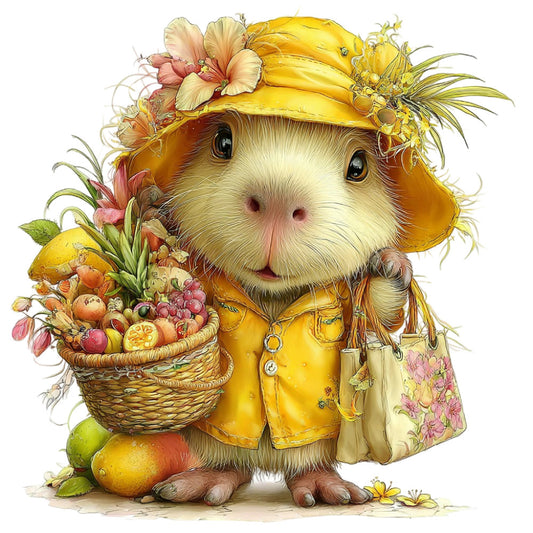 guinea pig, cute animals, yellow, cream, soft yellow, coral pink, sage green, whimsical, cheerful, garden theme, fruits, flowers, spring, summer, nature inspired, country, farmhouse, straw hat, basket, cottage core, vintage inspired, animal lover, children's, playful, pastoral, floral accents, seasonal, harvest, woodland creature, sweet