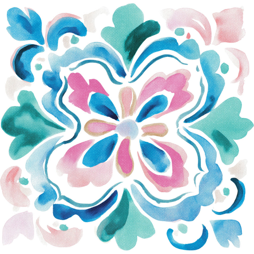 watercolor floral, turquoise blue, coral pink, dusty rose, teal, bright blue, navy blue, symmetrical design, mandala, folk art, bohemian, whimsical, modern, spring, summer, abstract floral, hand-painted effect, daisy, ornamental, decorative, feminine, colorful, pastel accents, geometric florals, medallion design, wall hanging, home decor, playful, vibrant, aqua