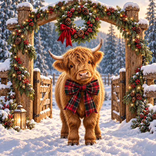 highland cattle, christmas, holiday, winter, snow, plaid, tartan, red plaid bow, golden brown, cream, forest green, red berries, pinecones, garland, festive, rustic, farmhouse, whimsical, animals, cattle, country, traditional, seasonal, winter scene, snow-covered, lantern, evergreen, decorative, charming, cozy