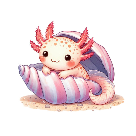 cute axolotl, cartoon animal, pink coral, purple lavender, cream white, spotted pattern, kawaii style, seashell design, underwater theme, marine life, fabric panel, quilting cotton, adorable character, pastel colors, whimsical illustration, children's fabric, nursery decor, soft watercolor, aquatic creature, playful design
